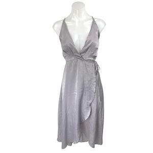Lush Gray Satin Faux Wrap Sleeveless V-neck Cami Camisole Midi A-Line Dress Sz M